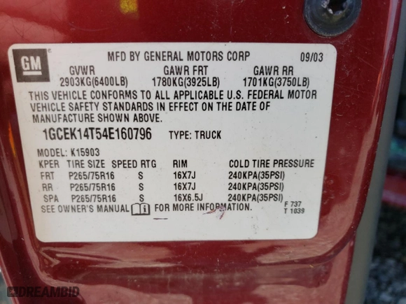 2004 Chevrolet Silverado 1500 Z71 with VIN 1GCEK14T54E160796, listed as a Copart auction lot 52707275 with 132,605 mi miles and Non Repairable. Bid and sale history available at carsss.com. Image 12.