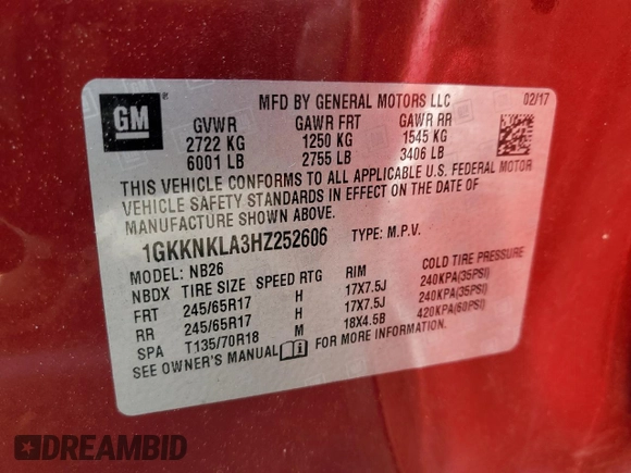2017 GMC Acadia SLE z VIN 1GKKNKLA3HZ252606, wystawiony jako Copart lot #44994025 z przebiegiem 96 230 mil mil oraz Szkoda całkowita • Salvage title. Historia ofert i sprzedaży dostępna na DreamBid. Obrazek 14.
