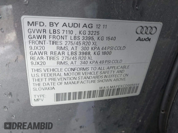 2012 Audi Q7 Premium Plus z VIN WA1LMAFEXCD005644, wystawiony jako IAAI lot #40593742 z przebiegiem 131 695 mil mil oraz . Historia ofert i sprzedaży dostępna na DreamBid. Obrazek 9.