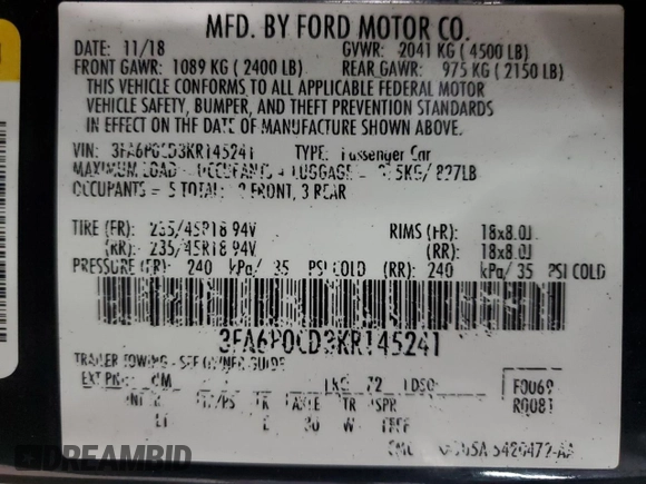 2019 Ford Fusion SEL with VIN 3FA6P0CD3KR145241, listed as a Copart auction lot 54195395 with 114,371 mi miles and Clean Title. Bid and sale history available at carsss.com. Image 12.