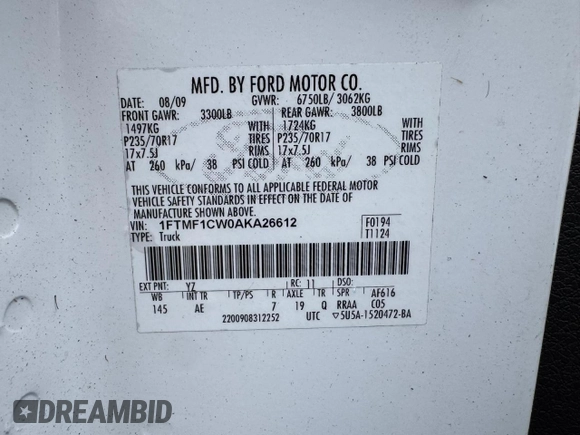 2010 Ford F-150 XL с VIN 1FTMF1CW0AKA26612, выставлен на аукционе Copart как лот 55950795 с пробегом 138 688 миль миль и Чистый • Clean title. История ставок и продаж доступна на DreamBid. Изображение 10.