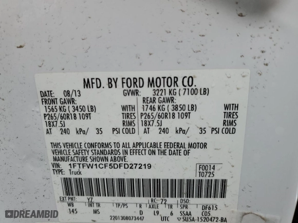 2013 Ford F-150 XL with VIN 1FTFW1CF5DFD27219, listed as a Copart auction lot 50928335 with 118,025 mi miles and Salvage Title. Bid and sale history available at carsss.com. Image 12.
