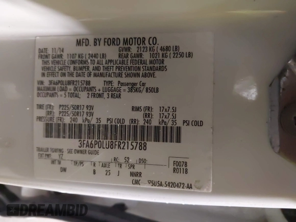 2015 Ford Fusion SE Hybrid with VIN 3FA6P0LU8FR215788, listed as a IAAI auction lot 42038194 with 136,949 mi miles and . Bid and sale history available at DreamBid. Image 9.