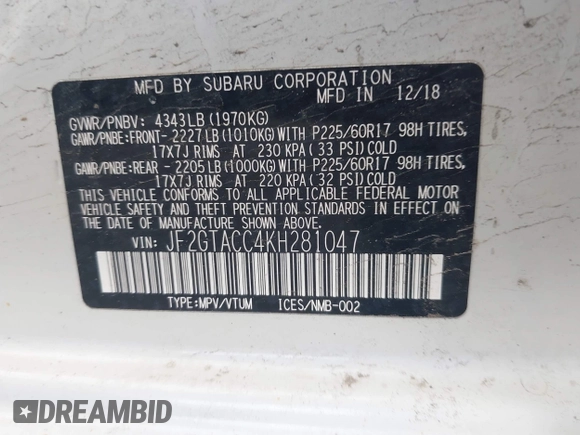 2019 Subaru Crosstrek Premium с VIN JF2GTACC4KH281047, выставлен на аукционе IAAI как лот 41949761 с пробегом 67 154 миль миль и . История ставок и продаж доступна на DreamBid. Изображение 9.
