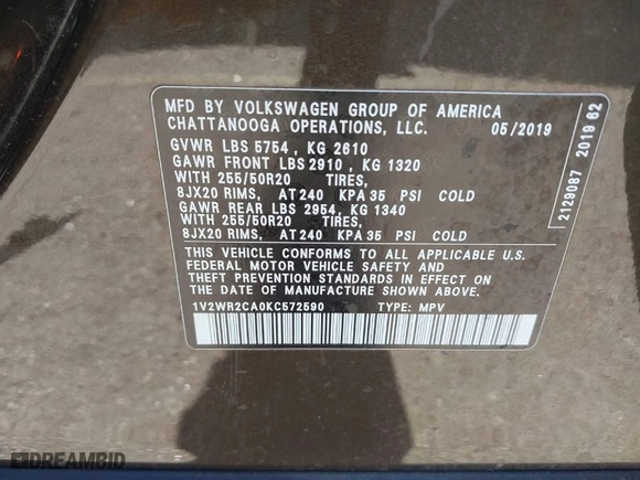 2019 Volkswagen Atlas 3.6L V6 SE w/Technology with VIN 1V2WR2CA0KC572590, listed as a IAAI auction lot 41083846 with 60,232 mi miles. Bid and sale history available at carsss.com. Image 9.