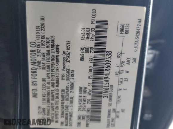 2020 Lincoln MKZ Standard with VIN 3LN6L5A94LR609538, listed as a Copart auction lot 83666274 with 89,087 mi miles and Salvage Title. Bid and sale history available at DreamBid. Image 12.