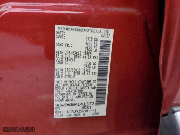 2017 Nissan Murano SV with VIN 5N1AZ2MG6HN141372, listed as a Copart auction lot 43833145 with 113,786 mi miles and Salvage Title. Bid and sale history available at carsss.com. Image 16.