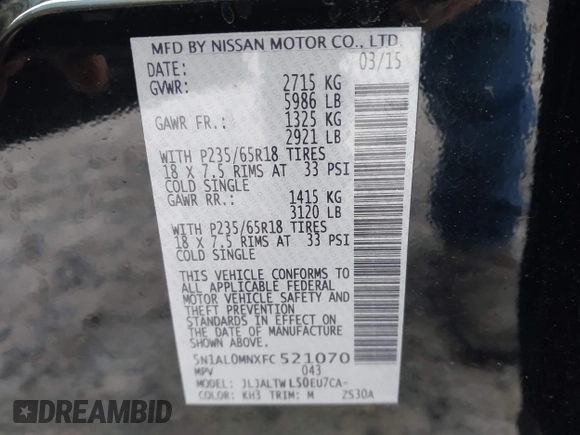 2015 Infiniti QX60 with VIN 5N1AL0MNXFC521070, listed as a IAAI auction lot 41967376 with 186,781 mi miles. Bid and sale history available at carsss.com. Image 9.