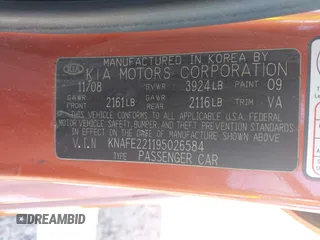2009 Kia Spectra EX z VIN KNAFE221195026584, wystawiony jako IAAI lot #42220442 z przebiegiem 181 619 mil mil oraz . Historia ofert i sprzedaży dostępna na DreamBid. Obrazek 9.