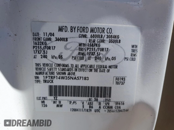 2005 Ford F-150 XL with VIN 1FTRF14W35NA57183, listed as a Copart auction lot 54779225 with Not provided miles and Salvage title. Bid and sale history available at DreamBid. Image 12.