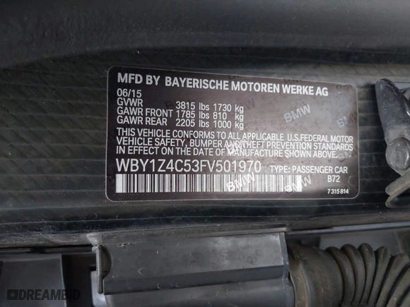 2015 BMW i3 with VIN WBY1Z4C53FV501970, listed as a IAAI auction lot 41857167 with NaN miles. Bid and sale history available at carsss.com. Image 9.