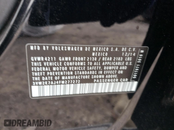 2015 Volkswagen Jetta S с VIN 3VW2K7AJ4FM277272, выставлен на аукционе Copart как лот 47960395 с пробегом 95 768 миль миль и Списание • Salvage title. История ставок и продаж доступна на DreamBid. Изображение 15.