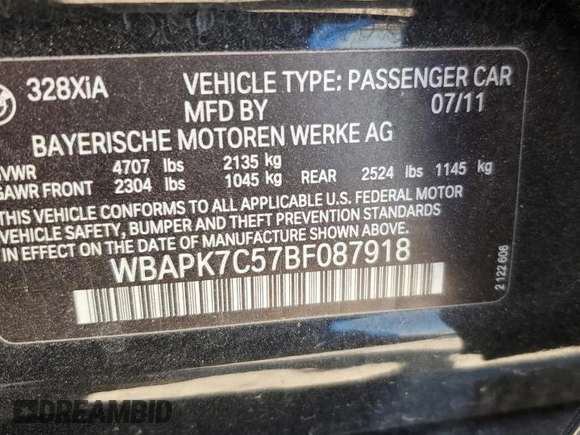 2011 BMW 3 Series 328i xDrive with VIN WBAPK7C57BF087918, listed as a Copart auction lot 56417365 with Not provided miles and Salvage title. Bid and sale history available at DreamBid. Image 12.