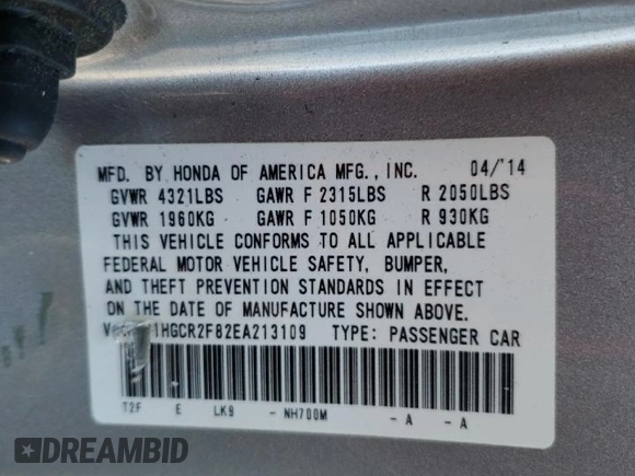 2014 Honda Accord Sedan EX-L with VIN 1HGCR2F82EA213109, listed as a Copart auction lot 54294225 with Not Provided miles and Salvage Title. Bid and sale history available at carsss.com. Image 12.