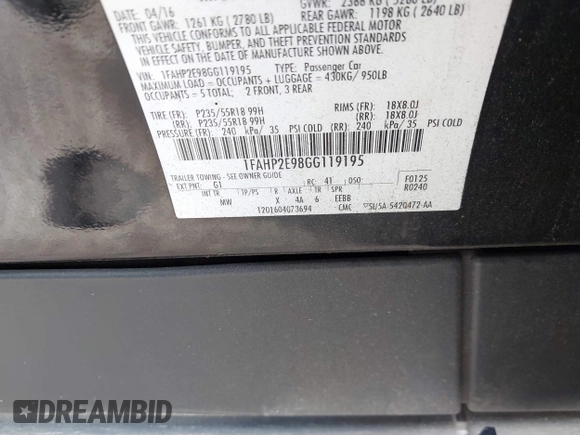2016 Ford Taurus SEL with VIN 1FAHP2E98GG119195, listed as a IAAI auction lot 40782545 with 163,094 mi miles and . Bid and sale history available at DreamBid. Image 9.