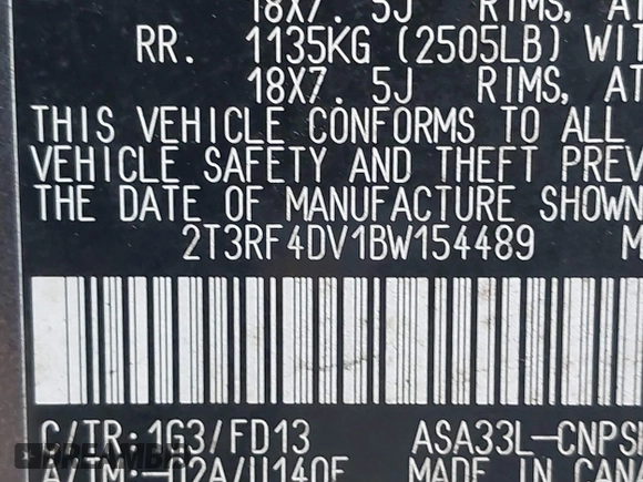 2011 Toyota RAV4 Sport with VIN 2T3RF4DV1BW154489, listed as a IAAI auction lot 41485733 with 127,767 mi miles. Bid and sale history available at carsss.com. Image 9.
