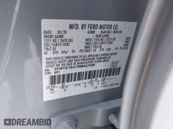 2024 Ford Mustang Mach-E Select with VIN 3FMTK1SU7RMA27098, listed as a IAAI auction lot 41866518 with 6,513 mi miles and . Bid and sale history available at DreamBid. Image 9.