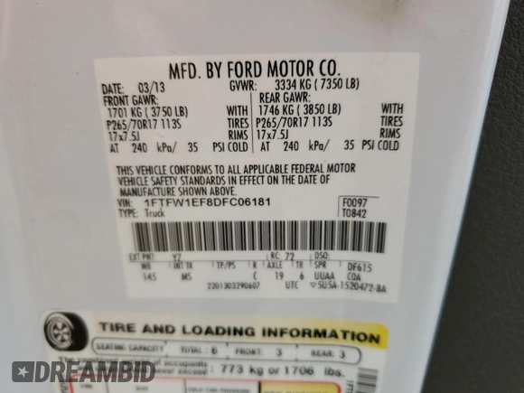 2013 Ford F-150 XL z VIN 1FTFW1EF8DFC06181, wystawiony jako Copart lot #48256795 z przebiegiem 147 939 mil mil oraz Szkoda całkowita • Salvage title. Historia ofert i sprzedaży dostępna na DreamBid. Obrazek 13.
