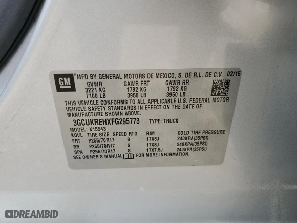 2015 Chevrolet Silverado 1500 LT with VIN 3GCUKREHXFG295773, listed as a Copart auction lot 47859574 with 198,123 mi miles and Salvage Title. Bid and sale history available at carsss.com. Image 12.