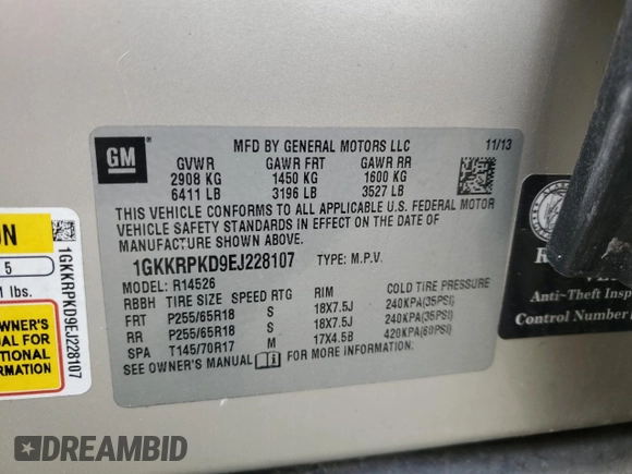 2014 GMC Acadia SLE with VIN 1GKKRPKD9EJ228107, listed as a Copart auction lot 48005365 with 197,173 mi miles and Non Repairable. Bid and sale history available at carsss.com. Image 13.