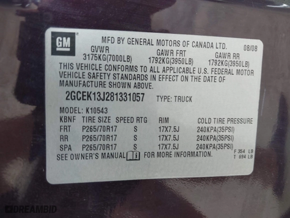 2008 Chevrolet Silverado 1500 LT w/1LT with VIN 2GCEK13J281331057, listed as a IAAI auction lot 41949729 with 276,931 mi miles. Bid and sale history available at carsss.com. Image 9.