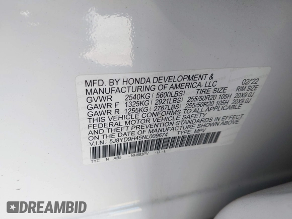 2022 Acura MDX w/Technology Package with VIN 5J8YD9H45NL009674, listed as a IAAI auction lot 41251825 with 38,635 mi miles. Bid and sale history available at carsss.com. Image 9.