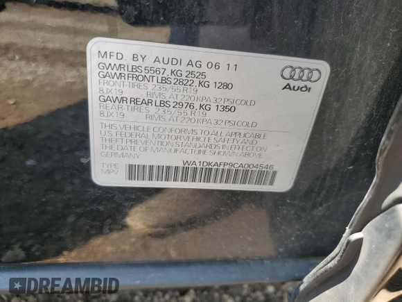 2012 Audi Q5 Premium Plus with VIN WA1DKAFP9CA004546, listed as a Copart auction lot 59537775 with 187,338 mi miles and Salvage title. Bid and sale history available at DreamBid. Image 12.