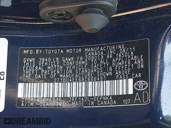 2011 Toyota Corolla L with VIN 2T1BU4EE6BC666491, listed as a IAAI auction lot 42001708 with 1 mi miles. Bid and sale history available at carsss.com. Image 9.