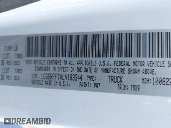 2020 Ram 1500 Big Horn with VIN 1C6SRFFTXLN183344, listed as a IAAI auction lot 41541202 with 71,072 mi miles. Bid and sale history available at carsss.com. Image 9.