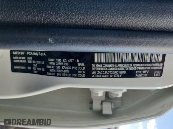 2016 Jeep Renegade Limited with VIN ZACCJADT2GPD14676, listed as a Copart auction lot 65989335 with 93,171 mi miles and Clean title. Bid and sale history available at DreamBid. Image 13.