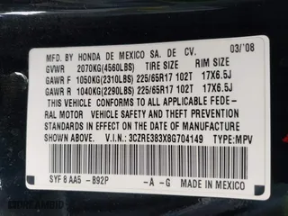 2008 Honda CR-V LX with VIN 3CZRE383X8G704149, listed as a IAAI auction lot 41851000 with 329,881 mi miles. Bid and sale history available at carsss.com. Image 9.