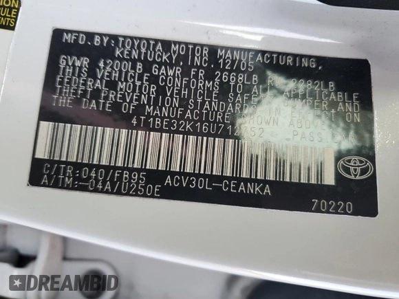 2006 Toyota Camry STD with VIN 4T1BE32K16U712752, listed as a Copart auction lot 82699184 with 53,849 mi miles and Salvage title. Bid and sale history available at DreamBid. Image 15.