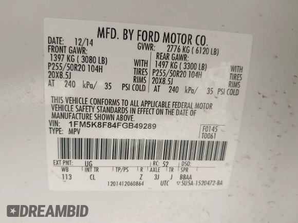 2015 Ford Explorer Limited with VIN 1FM5K8F84FGB49289, listed as a IAAI auction lot 41812055 with 148,022 mi miles and . Bid and sale history available at DreamBid. Image 9.