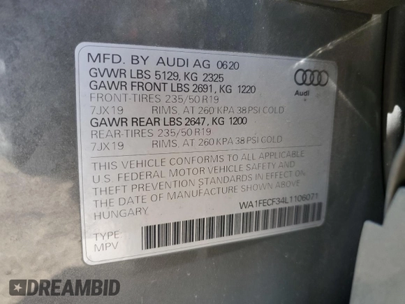2020 Audi Q3 S line Prestige with VIN WA1FECF34L1106071, listed as a Copart auction lot 55766115 with 136,041 mi miles and Salvage title. Bid and sale history available at DreamBid. Image 12.