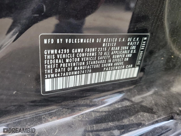 2017 Volkswagen Golf GTI S with VIN 3VW447AU0HM074170, listed as a Copart auction lot 47141765 with 107,514 mi miles and Salvage Title. Bid and sale history available at carsss.com. Image 12.