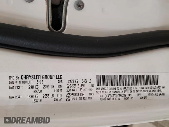 2013 Dodge Journey SXT with VIN 3C4PDCBG2DT660399, listed as a Copart auction lot 52440515 with 158,050 mi miles and Non Repairable. Bid and sale history available at DreamBid. Image 15.