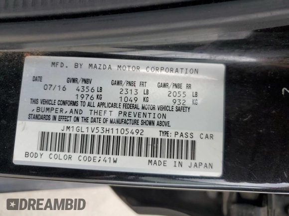 2017 Mazda Mazda6 Touring with VIN JM1GL1V53H1105492, listed as a Copart auction lot 89200735 with 0 mi miles and Salvage Title. Bid and sale history available at carsss.com. Image 12.