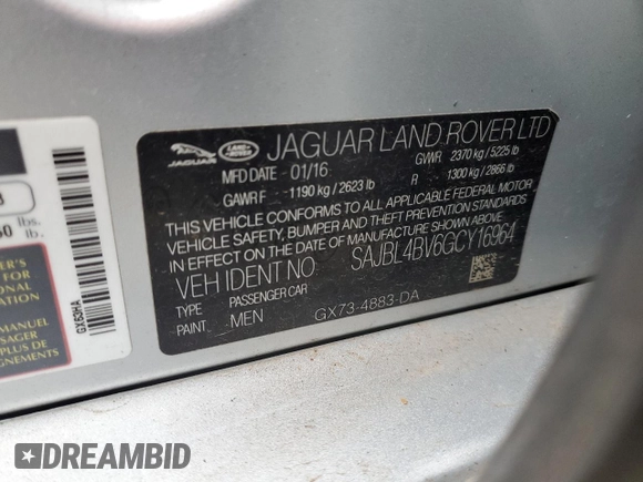 2016 Jaguar XF with VIN SAJBL4BV6GCY16964, listed as a Copart auction lot 82786584 with 100,587 mi miles and Salvage Title. Bid and sale history available at DreamBid. Image 13.