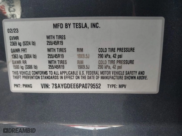 2023 Tesla Model Y Long Range with VIN 7SAYGDEE6PA079552, listed as a IAAI auction lot 41193790 with NaN miles. Bid and sale history available at carsss.com. Image 9.