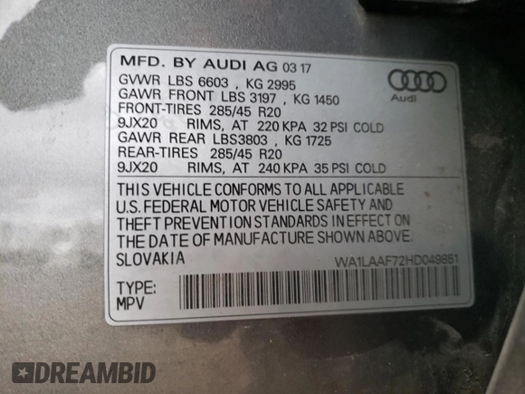 2017 Audi Q7 Premium Plus with VIN WA1LAAF72HD049851, listed as a Copart auction lot 53026175 with 100,601 mi miles and Salvage Title. Bid and sale history available at carsss.com. Image 13.