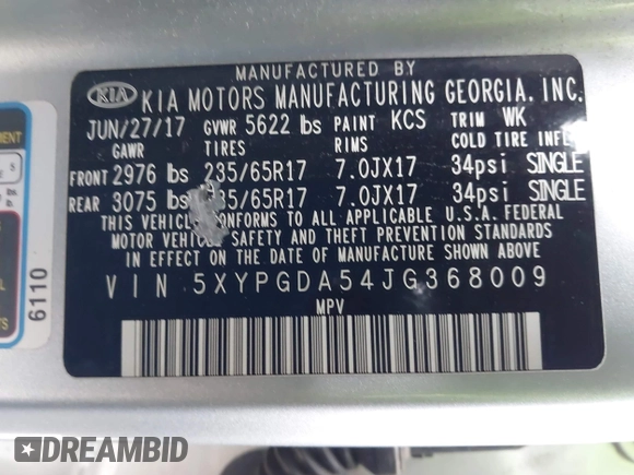 2018 Kia Sorento LX V6 with VIN 5XYPGDA54JG368009, listed as a IAAI auction lot 41986830 with 110,478 mi miles. Bid and sale history available at carsss.com. Image 9.