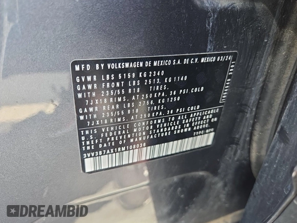 2024 Volkswagen Tiguan SE with VIN 3VV3B7AX1RM108036, listed as a IAAI auction lot 42796415 with 37,805 mi miles and . Bid and sale history available at DreamBid. Image 32.