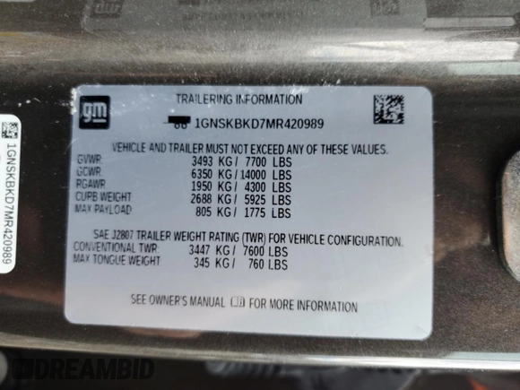 2021 Chevrolet Suburban LS z VIN 1GNSKBKD7MR420989, wystawiony jako Copart lot #46903795 z przebiegiem 40 895 mil mil oraz Szkoda całkowita • Salvage title. Historia ofert i sprzedaży dostępna na DreamBid. Obrazek 13.