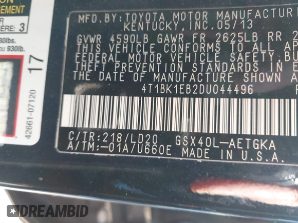 2013 Toyota Avalon XLE with VIN 4T1BK1EB2DU044496, listed as a IAAI auction lot 41573509 with 214,879 mi miles and . Bid and sale history available at DreamBid. Image 9.