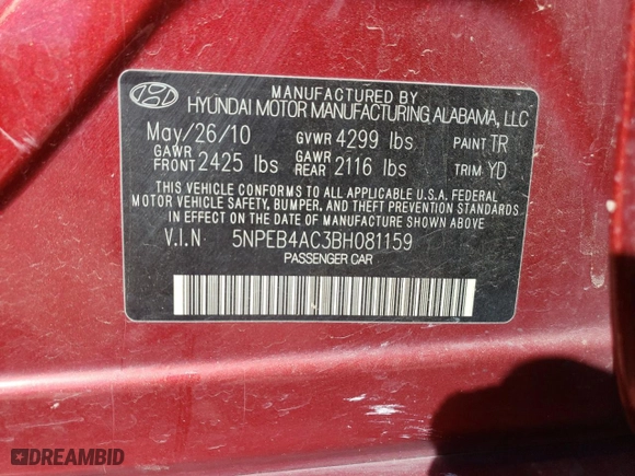 2011 Hyundai Sonata GLS with VIN 5NPEB4AC3BH081159, listed as a Copart auction lot 46543485 with 193,992 mi miles and Salvage Title. Bid and sale history available at carsss.com. Image 14.