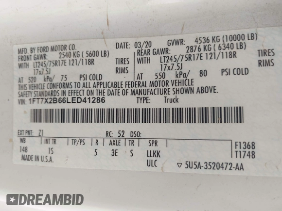 2020 Ford F-250 XL с VIN 1FT7X2B66LED41286, выставлен на аукционе IAAI как лот 42108623 с пробегом Не указан миль и . История ставок и продаж доступна на DreamBid. Изображение 9.