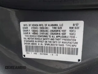 2007 Honda Odyssey LX с VIN 5FNRL38227B118455, выставлен на аукционе IAAI как лот 42453887 с пробегом 121 166 миль миль и . История ставок и продаж доступна на DreamBid. Изображение 9.