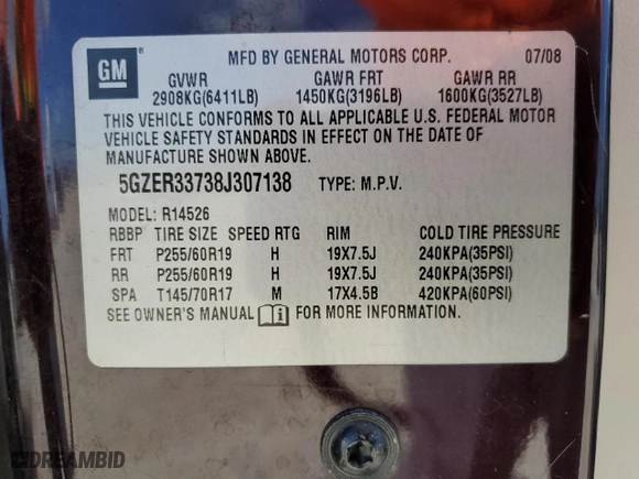 2008 Saturn Outlook XR with VIN 5GZER33738J307138, listed as a Copart auction lot 72148844 with 189,173 mi miles and Salvage Title. Bid and sale history available at carsss.com. Image 13.