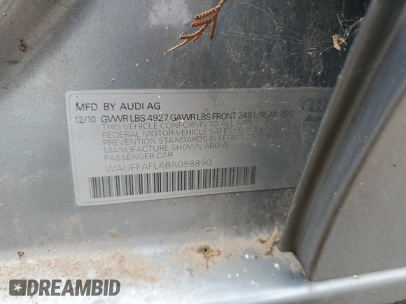 2011 Audi A4 Premium Plus with VIN WAUFFAFL4BA098850, listed as a Copart auction lot 54441645 with 145,293 mi miles and Salvage title. Bid and sale history available at DreamBid. Image 12.