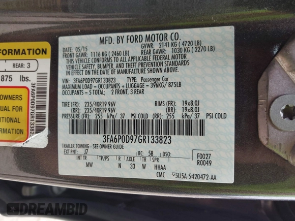 2016 Ford Fusion Titanium with VIN 3FA6P0D97GR133823, listed as a IAAI auction lot 42429708 with 166,105 mi miles and . Bid and sale history available at DreamBid. Image 9.
